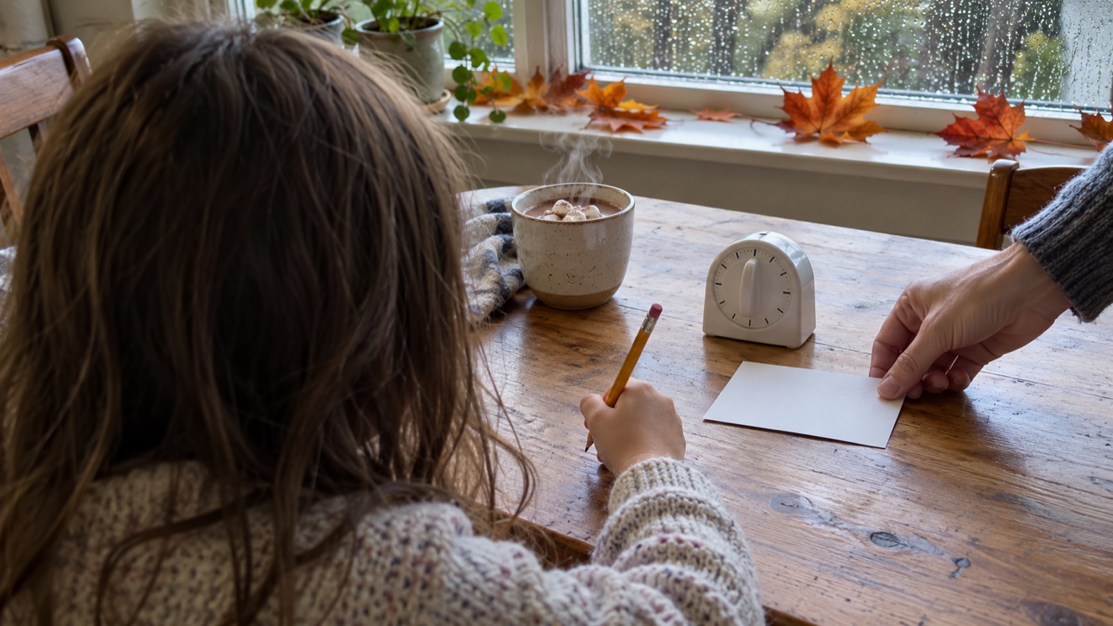 Un enfant vu de dos à une table de cuisine, un minuteur blanc, un bol de chocolat chaud et des feuilles d'automne sur le rebord de la fenêtre.